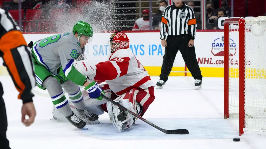 Martin Nečas z Caroliny se snaží překonat brankáře Detroitu