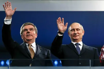 Thomas Bach a Vladimir Putin na olympijských hrách v Soči