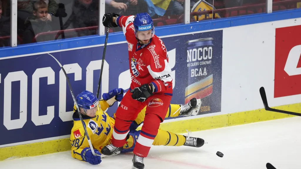 Vladimír Sobotka v souboji v utkání se Švédy