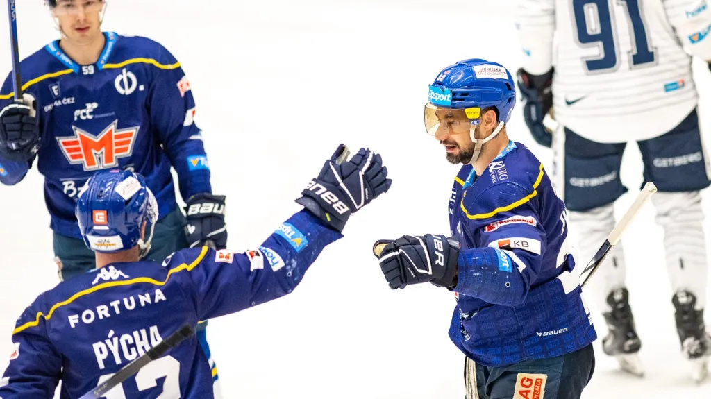 Hokejisté Českých Budějovic slaví gól