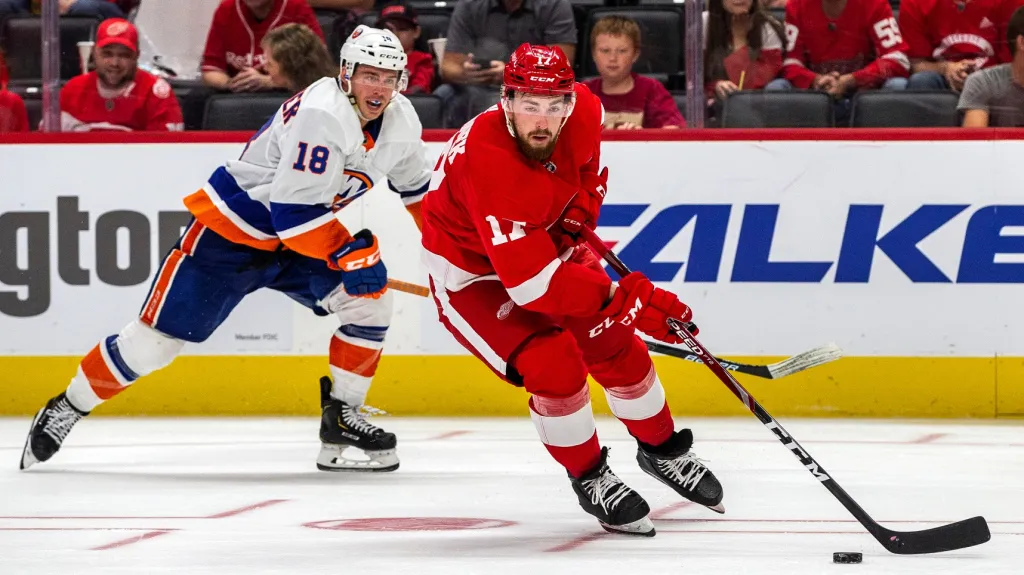 Filip Hronek z Detroitu v přípravném utkání s NY Islanders