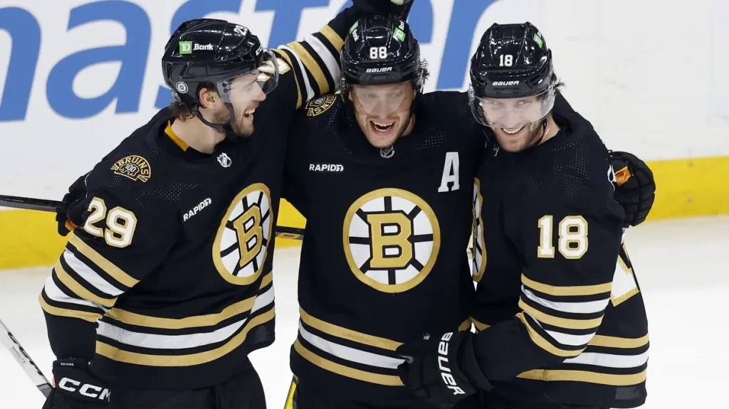 Pavel Zacha (vpravo) se raduje se spoluhráčem z Bostonu Davidem Pastrňákem