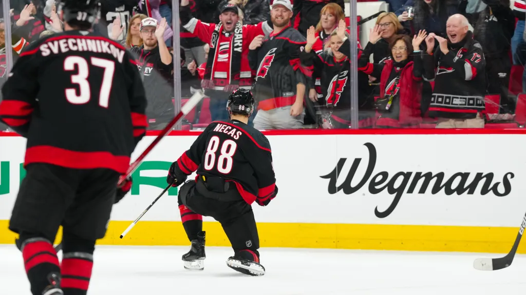 Martin Nečas z Caroliny oslavuje gól v utkání NHL 