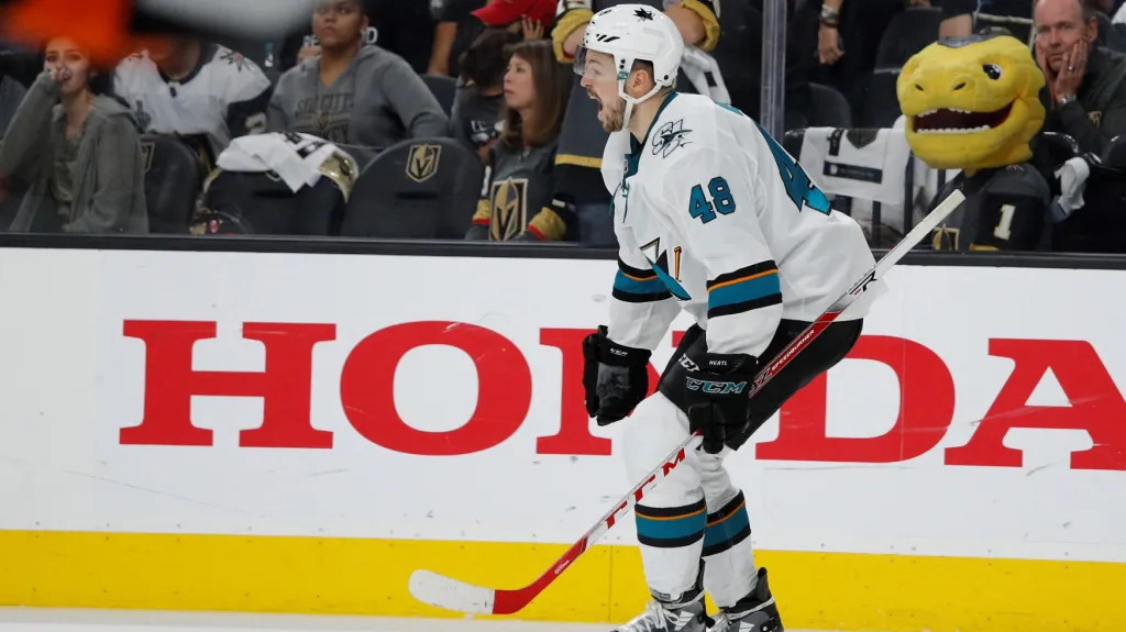 Český útočník Tomáš Hertl slaví vítězný gól v play-off NHL