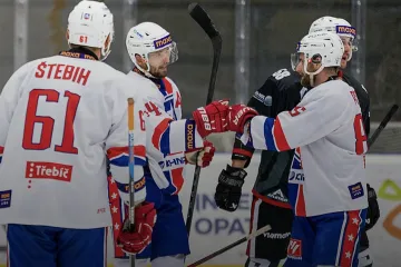 Hokejisté Třebíče slaví gól