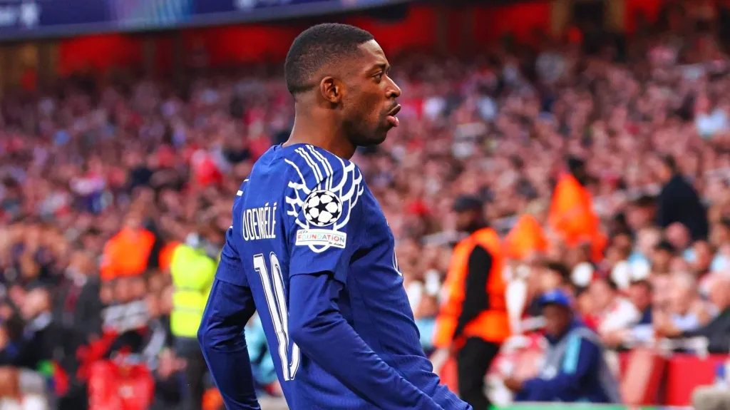 Ousmane Dembélé slaví vítězný gól proti Arsenalu