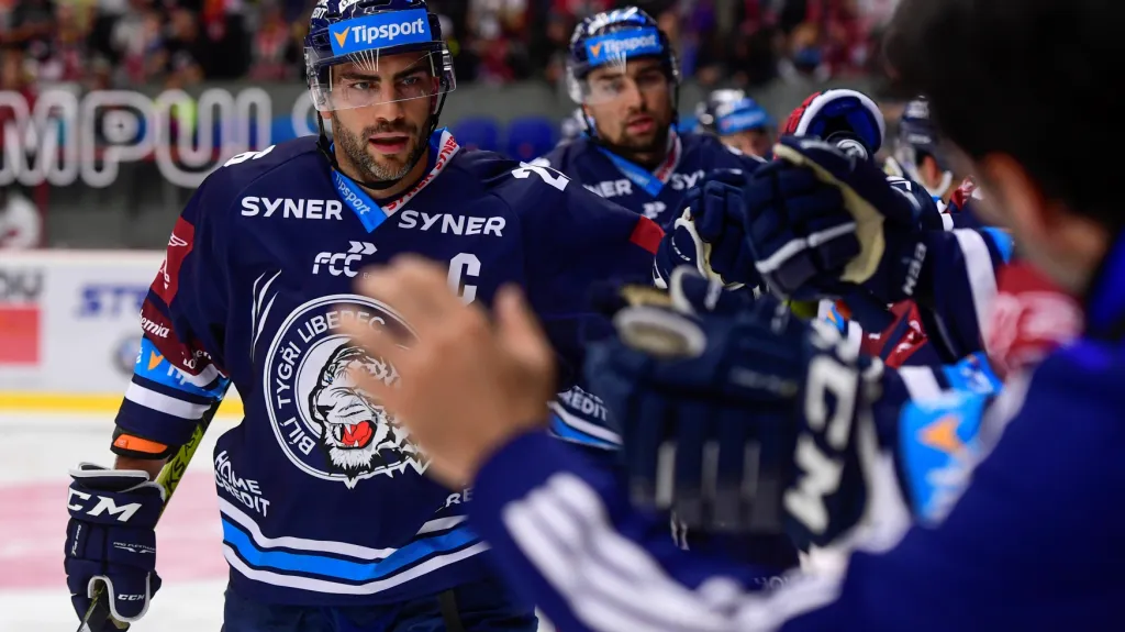 Liberečtí hokejisté slaví vstřelený gól