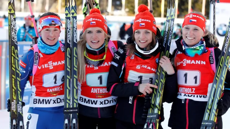 České biatlonistky: zleva Veronika Vítková, Gabriela Soukalová, Jitka Landová, Eva Puskarčíková