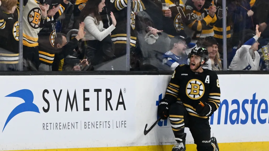 David Pastrňák z Bostonu oslavuje gól v utkání NHL