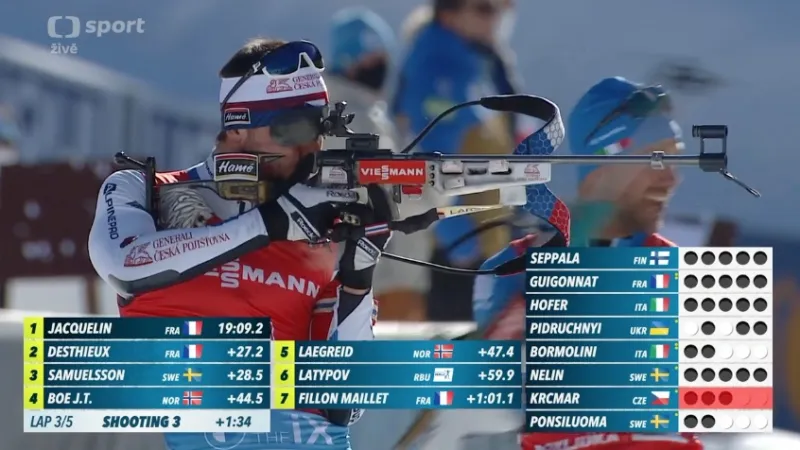 Sestřih stíhacího závodu biatlonistů na MS