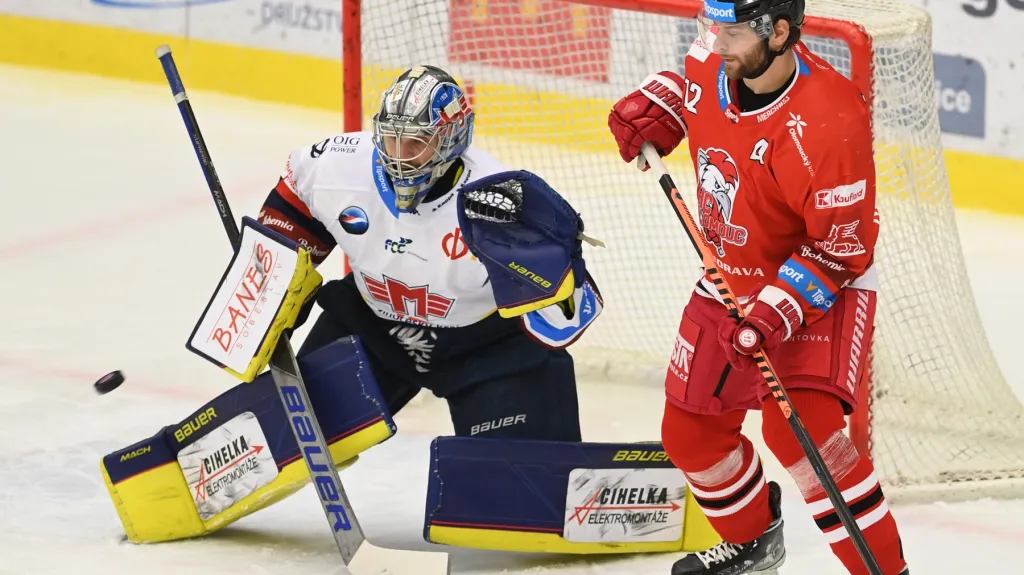 Jan Strmeň v českobudějovické brance v utkání proti Olomouci