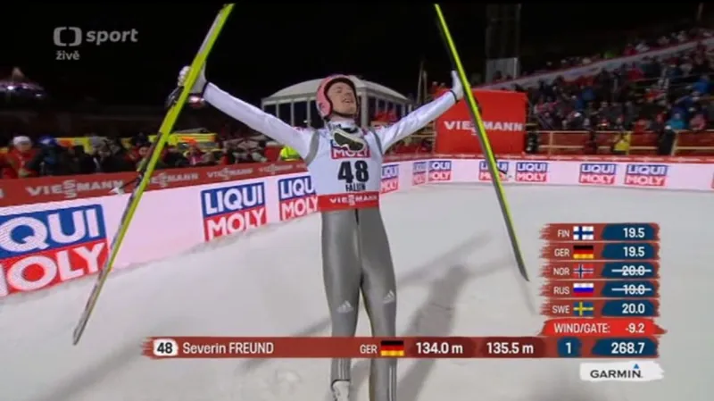 Zlatý skok Severina Freunda ve 2. kole závodu na velkém můstku