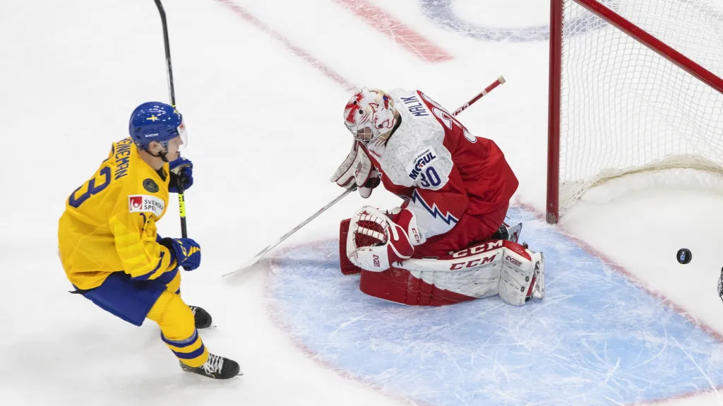 Český brankář Nick Malík inkasuje v zápase proti Švédsku