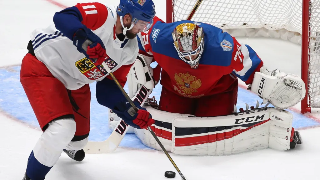 Martin Hanzal se snaží překonat Rusa Sergeje Bobrovskyho