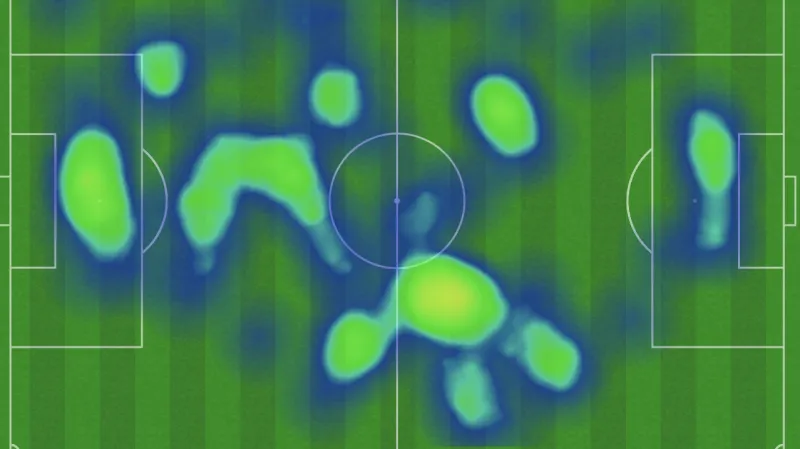 Heatmapa pohybu Tomáše Součka v utkání proti Ukrajině