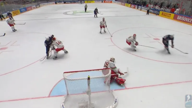 Gól v utkání Bělorusko - USA: Wood - 0:1 (10. min.)