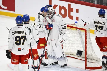 Brankář Josef Kořenář přijímá gratulace po vychytané nule