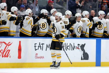 Pavel Zacha slaví branku se spoluhráči