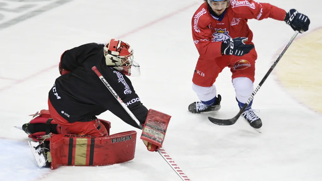 Šimon Hrubec s Davidem Tomáškem na tréninku