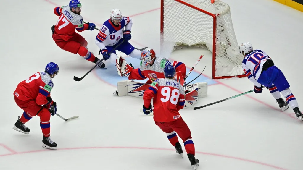 Brankář Karel Vejmelka v utkání proti USA