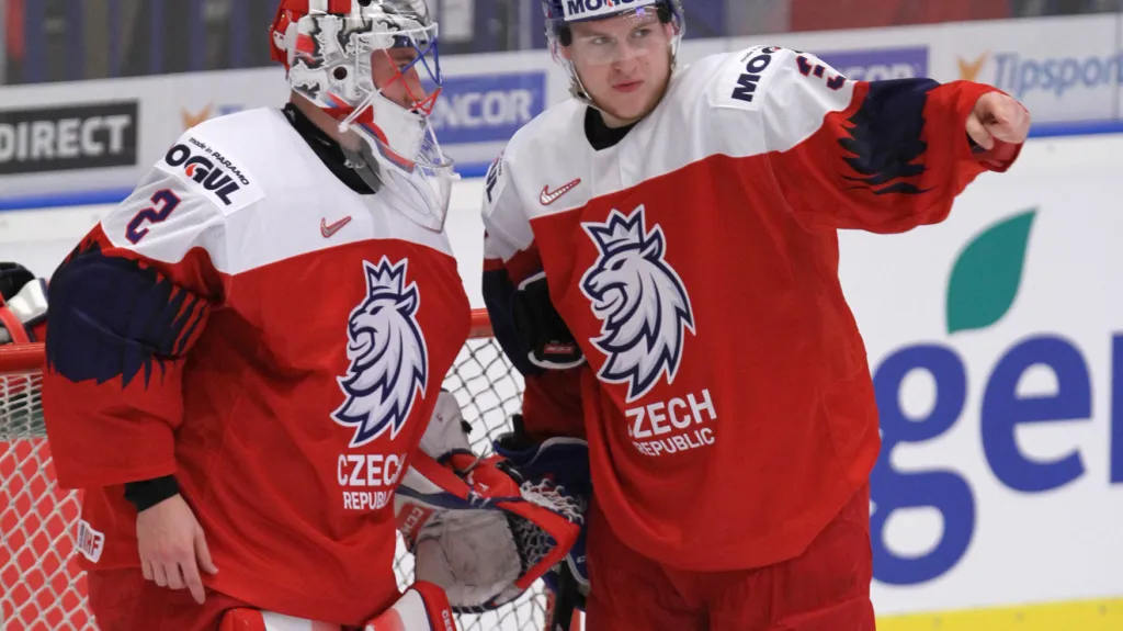 Brankář Lukáš Dostál v komunikaci s bekem Karlem Klikorkou