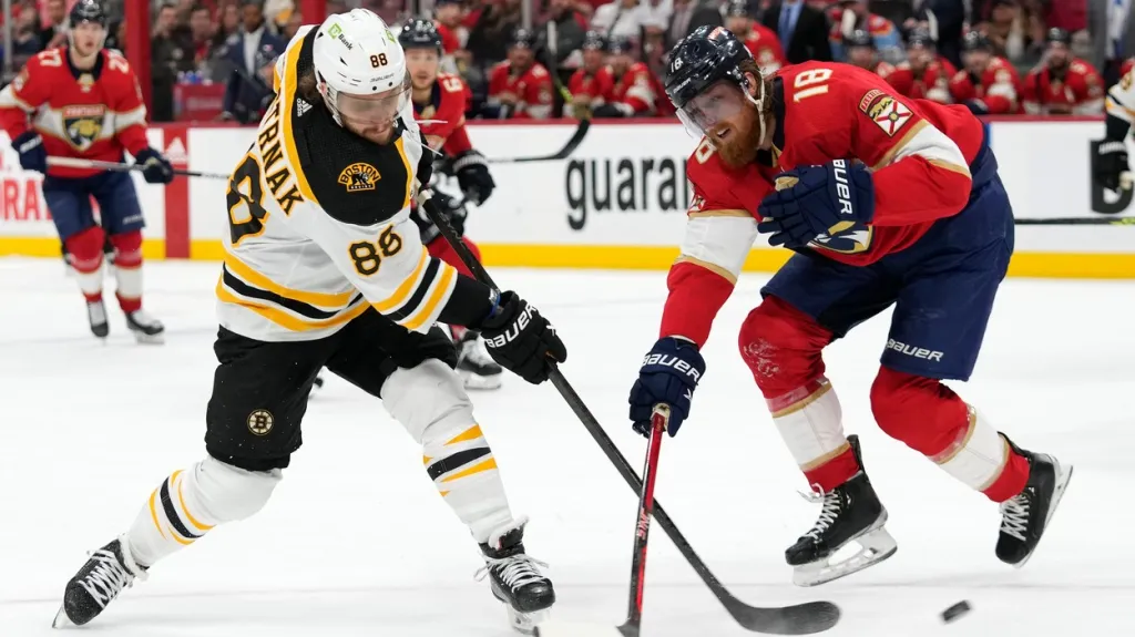 David Pastrňák střílí na branku Floridy