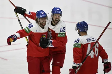 David Pastrňák se raduje s Tomášem Hertlem (č. 48)