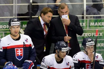 Vladimír Vůjtek na střídačce Slovenska s asistentem Vladimírem Orszaghem