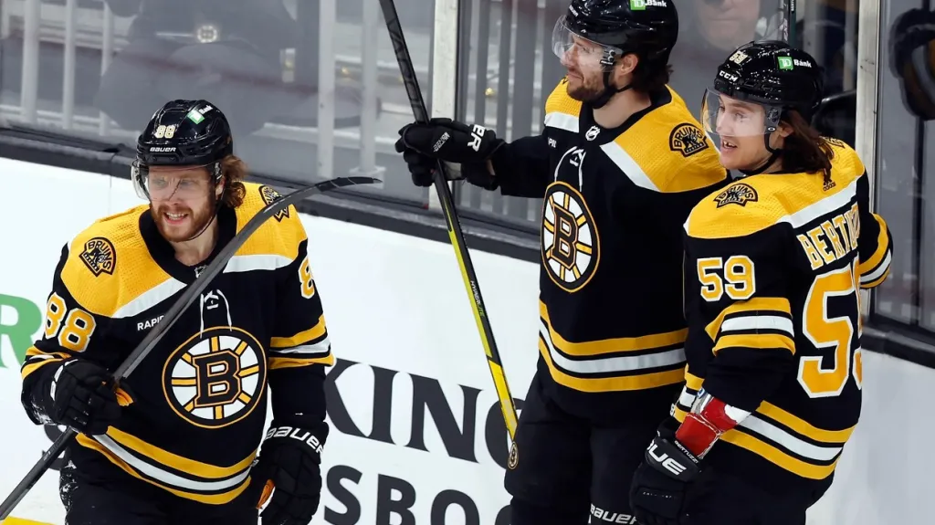 Hokejisté Bostonu gratulují Pavlovi Zachovi ke gólu včetně Davida Pastrňáka