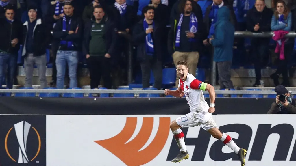 Milan Škoda ze Slavie slaví vstřelený gól v Genku