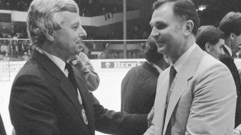 Luděk Bukač s Viktorem Tichonovem na MS 1985