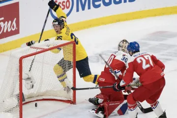 Radost švédských juniorů po trefě do české sítě