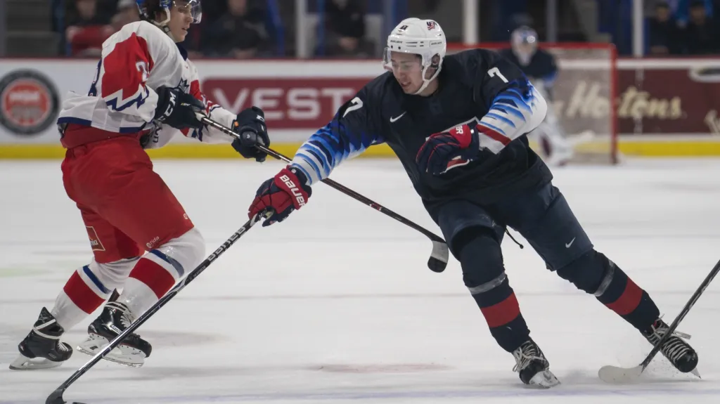 Český útočník Karel Plášek proti bekovi USA Quinnu Hughesovi