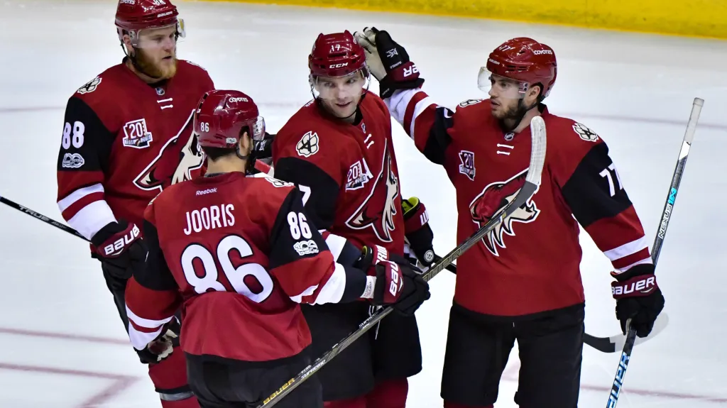 Radim Vrbata (uprostřed) se raduje se spoluhráči z Arizony ze vstřelené branky