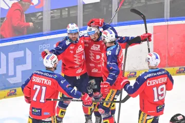 Hokejisté Pardubic slaví gól