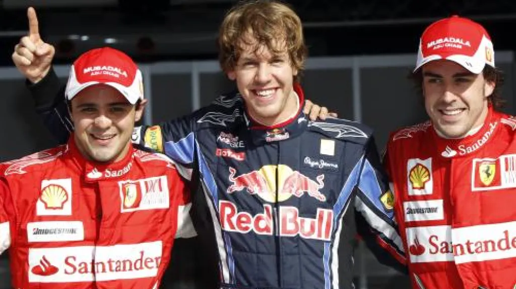 Felipe Massa, Sebastian Vettel a Fernando Alonso po kvalifikaci na GP Bahrajnu