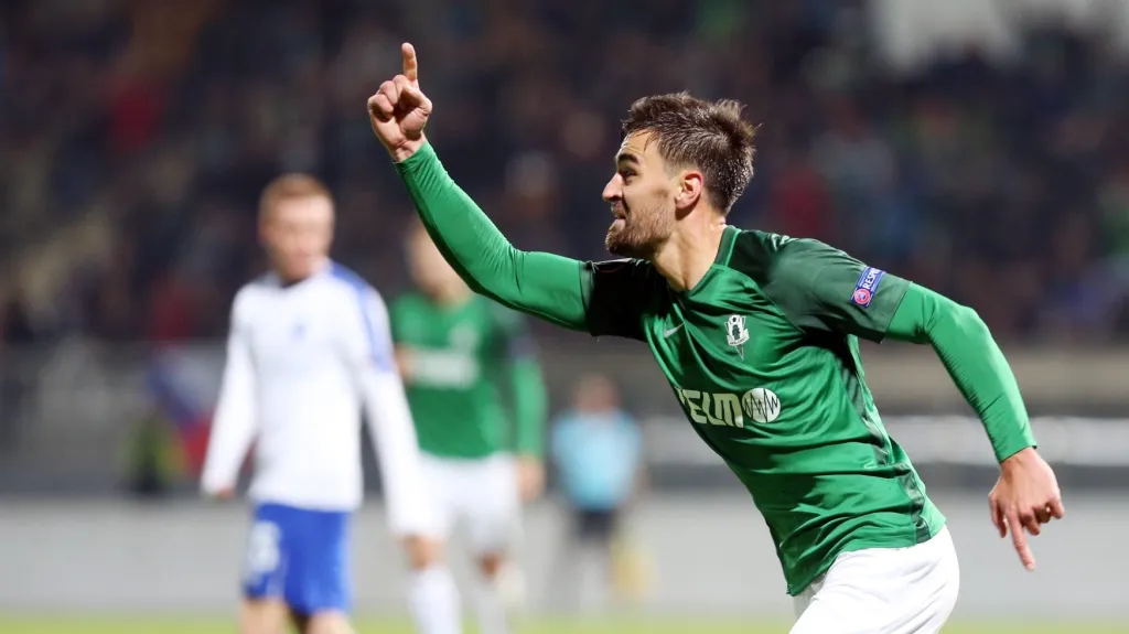 Jablonecký bek David Hovorka slaví gól