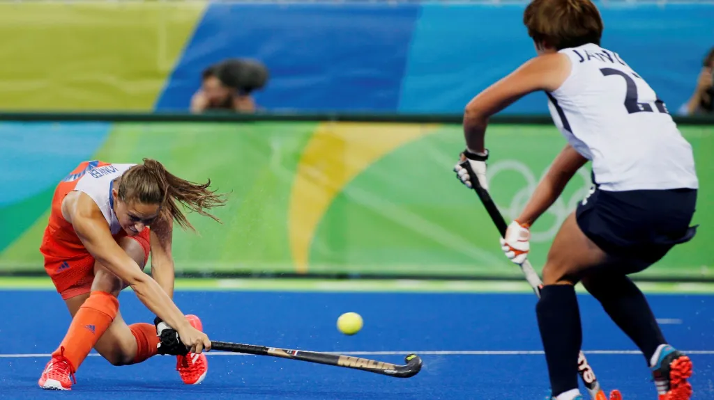 Utkání v pozemním hokeji mezi Nizozemskem a Jižní Koreou