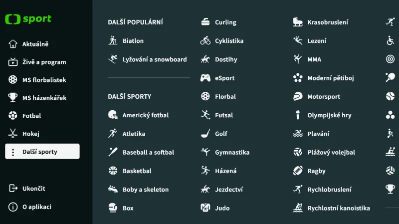 Videoobsah je řazen přehledně také podle sportů