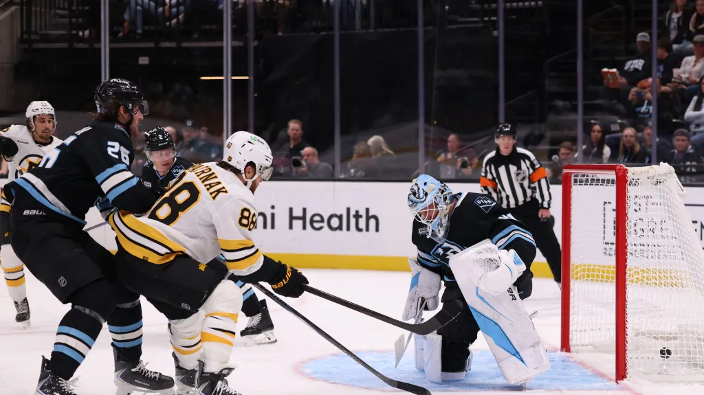 David Pastrňák z Bostonu střílí gól do sítě Utahu