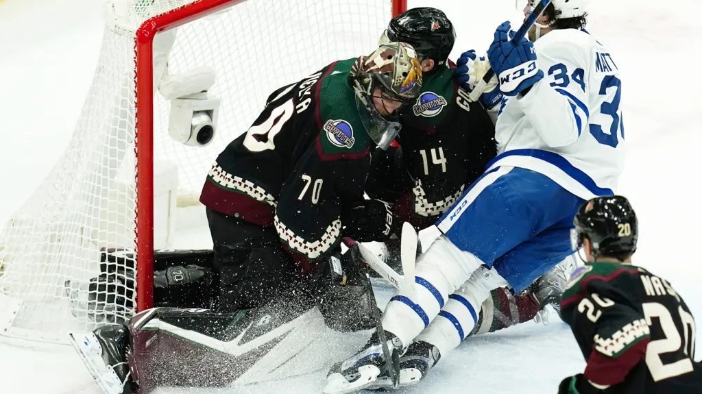 Brankář Arizony Karel Vejmelka kryje šanci Toronta