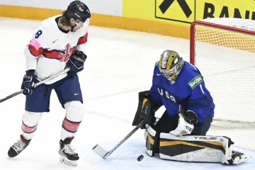 Jeremy Swayman zasahuje v utkání s Brity