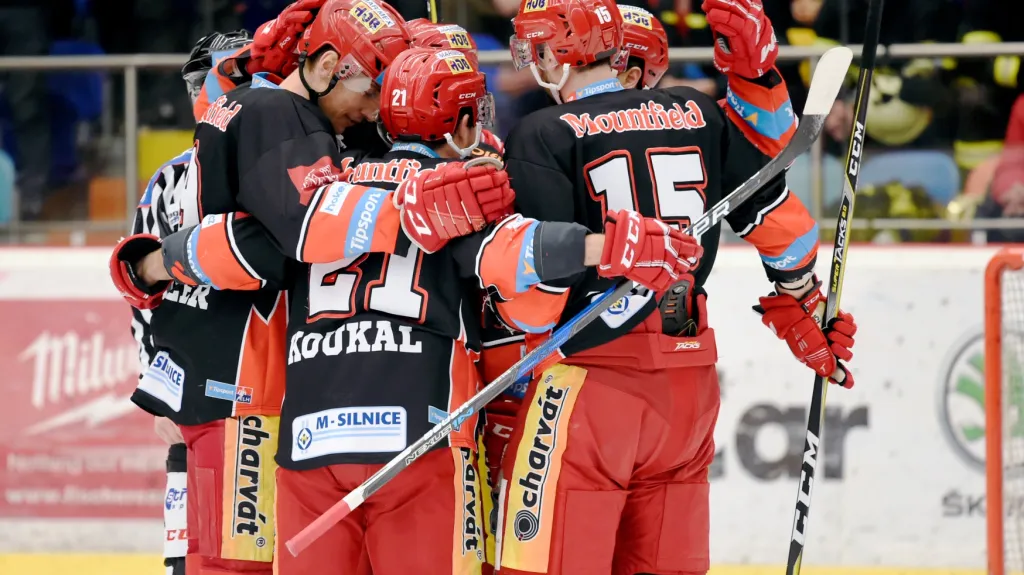 Hokejisté Hradce Králové slaví jeden z gólů proti Litvínovu