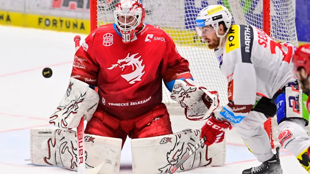 Ondřej Kacetl při zákroku v utkání s Pardubicemi