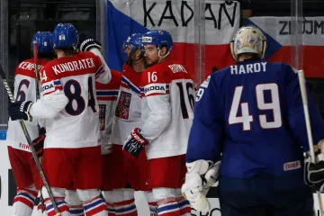 Čeští hokejisté se radují z gólu proti Francii
