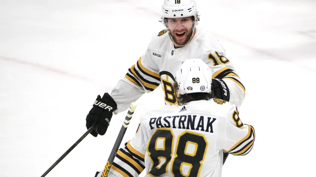 Pavel Zacha a David Pastrňák v dresu Bostonu