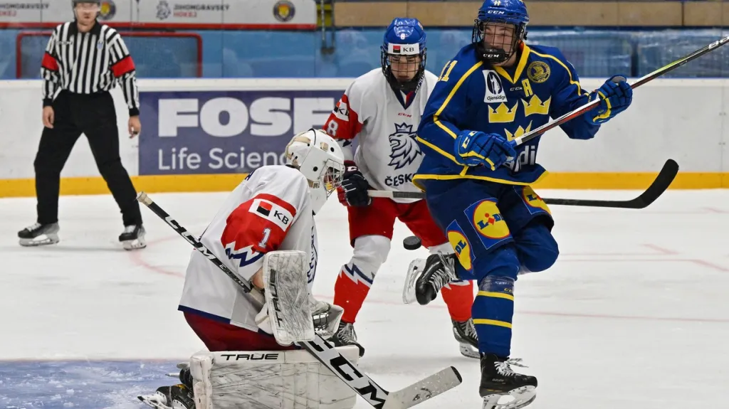 Brankář Jakub Milota čelí švédské střele