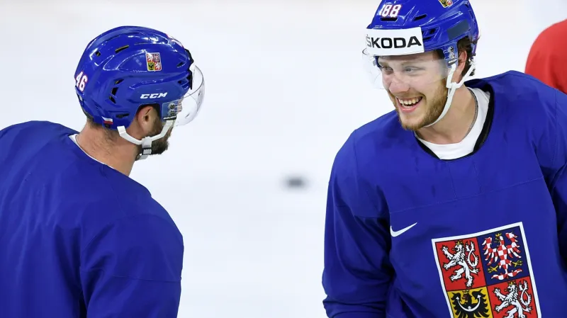 David Krejčí (vlevo) a David Pastrňák na tréninku reprezentace