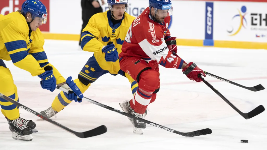 David Krejčí si před Švédy chrání puk