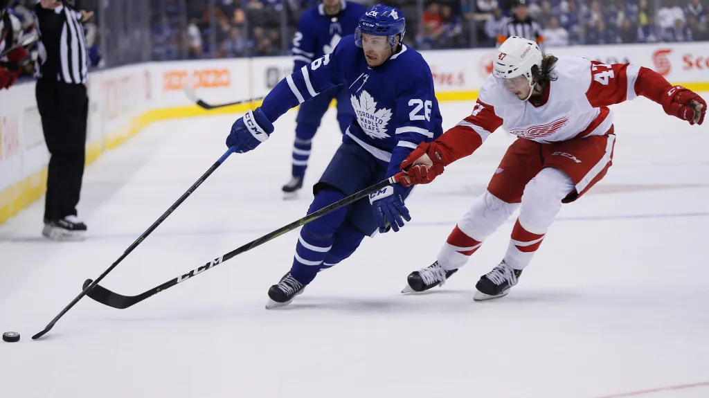 Libor Šulák (vpravo) z Detroitu v utkání proti Torontu